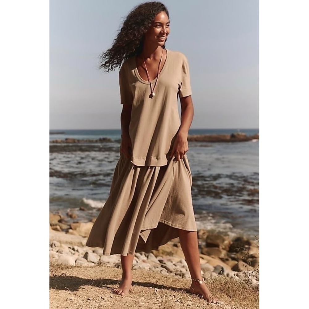 Free People Neutral Taupe Maxi Dress with Tiered Skirt